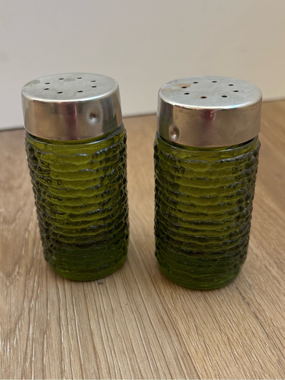 Vintage MCM Green Textured Glass Salt and Pepper Shakers